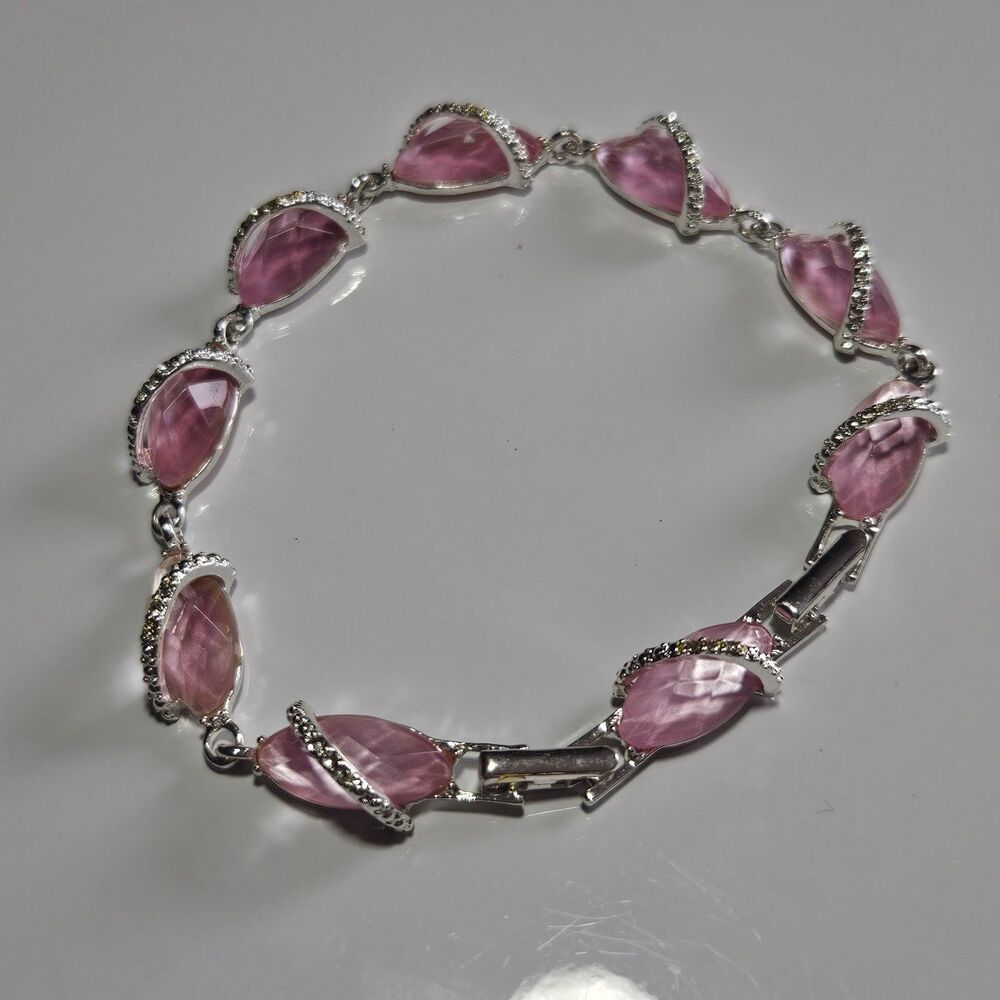 Vtg Avon Pink & Rhinestone Bracelet Pretty Pastel Link Silver Tone 7.5-9"